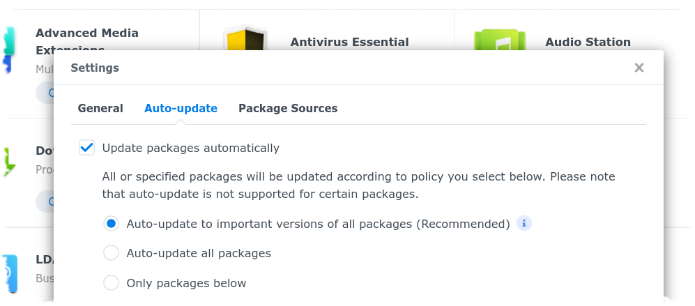 DSM package manager auto-update